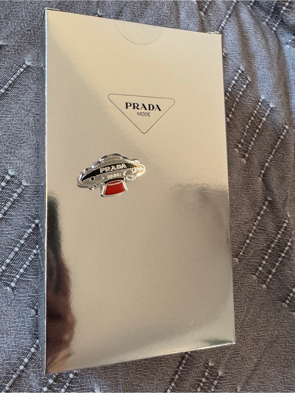 Prada Mode Silver Tone Enamel Logo & Flying Saucer UFO Pin